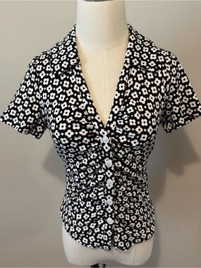 Anthropologie Black and White Floral Button-Front Shirt